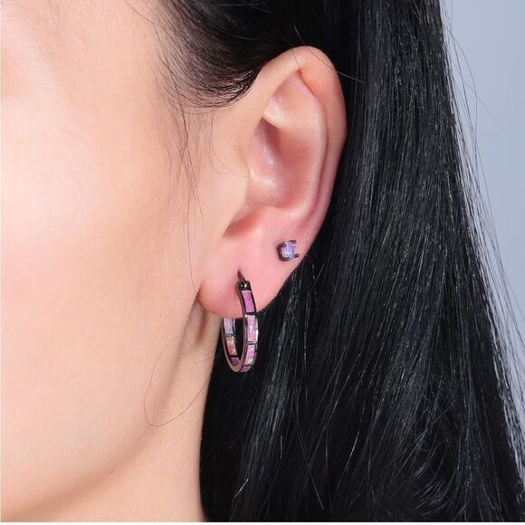 14K Black Gold with Genuine Purple Fire Opal Hoop and Stud Earrings Set of 2 - Picture 5 of 5